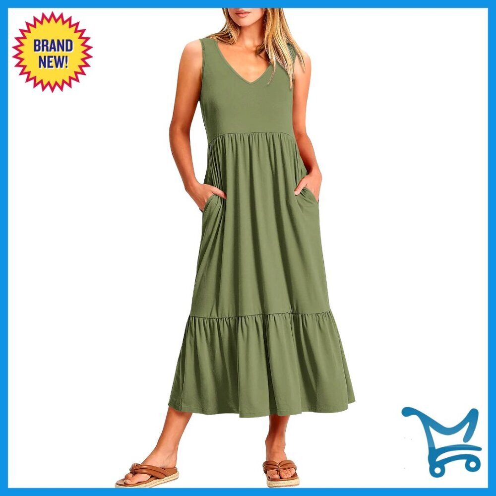 Sleeveless Maxi Dress A-Line Tiered Flowy V Neck Casual Beach Sundress with